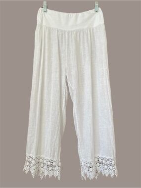 Viola Borghi Linen Cropped Wide Leg Pants White Made in Italy Lace Hem Boho